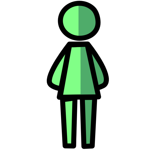A green person split in half, one half is a lighter green than the other half. It has black lineart